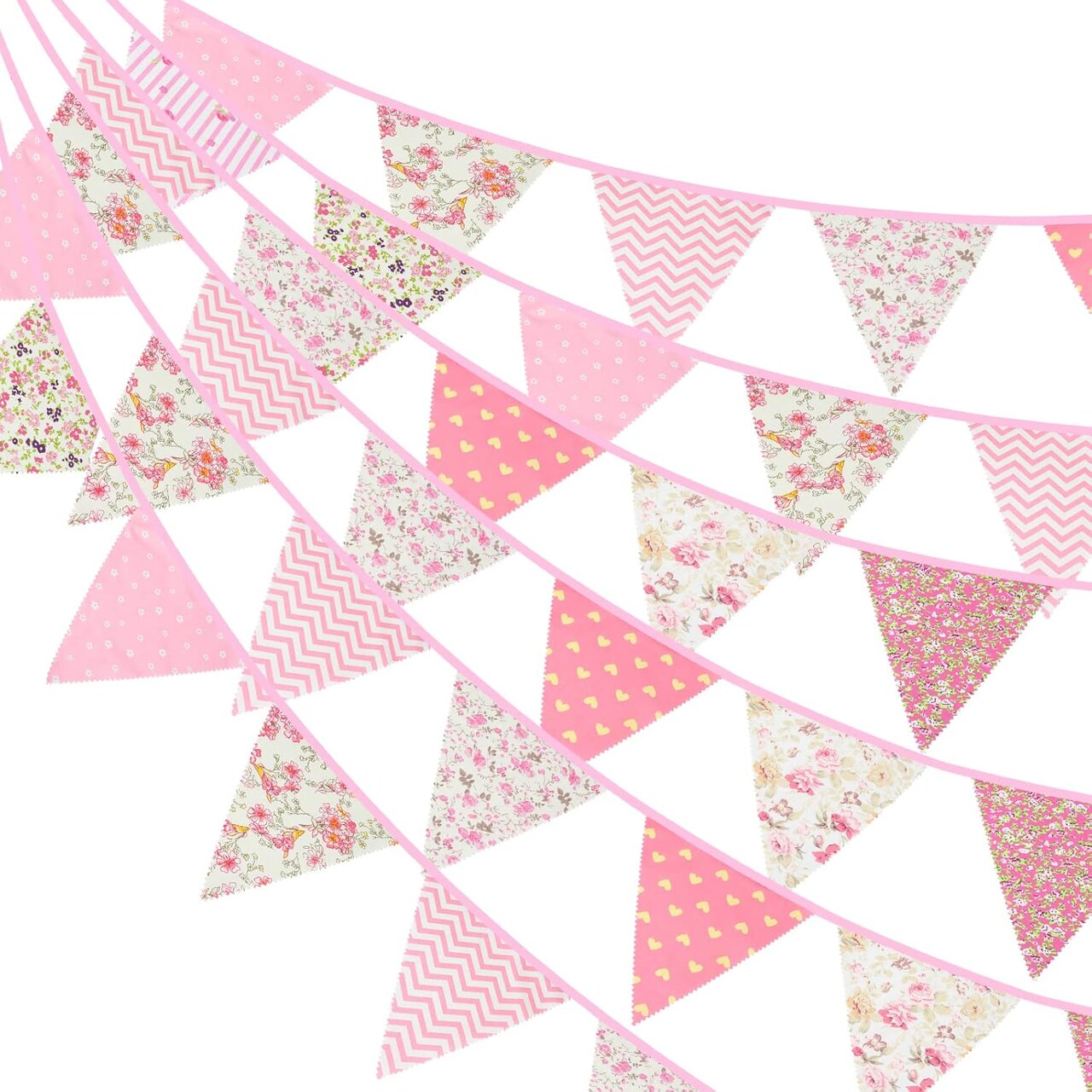39 ft Triangle Bunting Banner – 42 Pcs Pink Tea Party Floral Cotton Fabric Pennants for Birthday, Wedding, Baby Shower, Outdoor & Home Décor